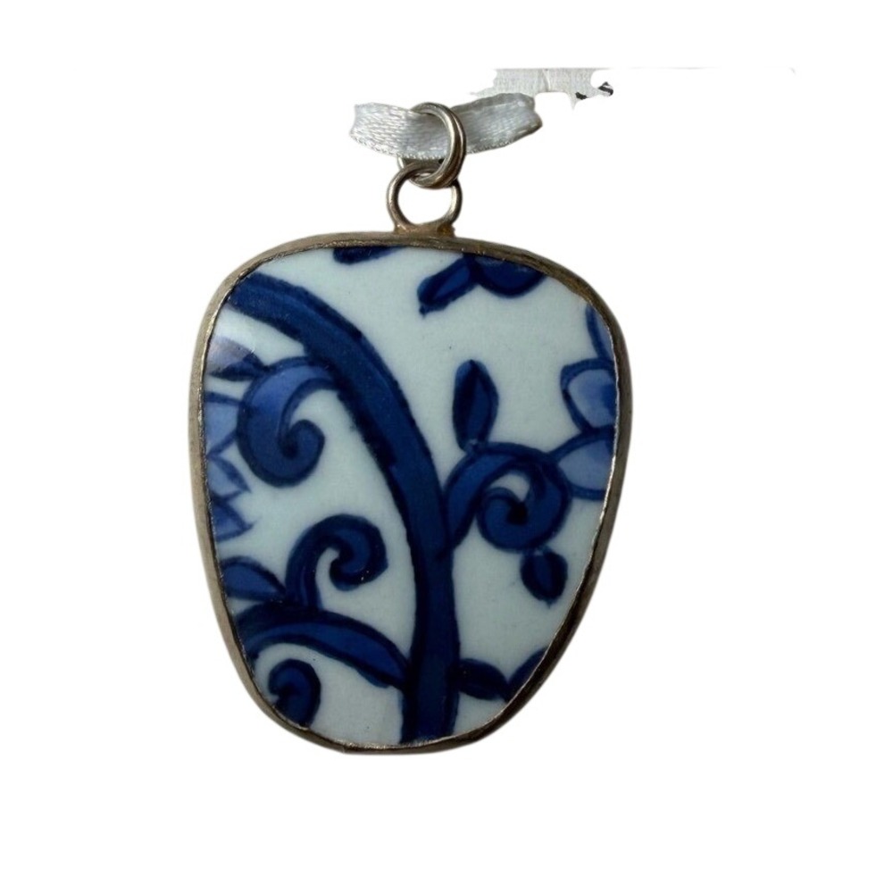 Ilene Sirota Collections Shard Pendant Blue White Porcelain Floral Ceramic Charm